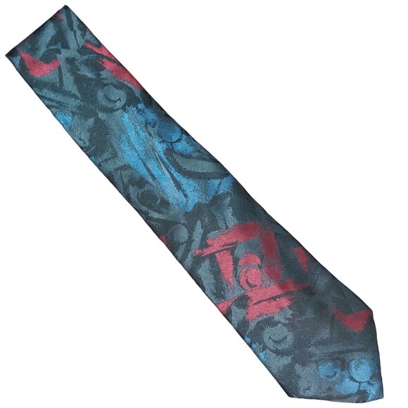 Vintage Windridge Mens Necktie Mervyns Abstract Grey Blue Black Red Retro Tie - Picture 2 of 6